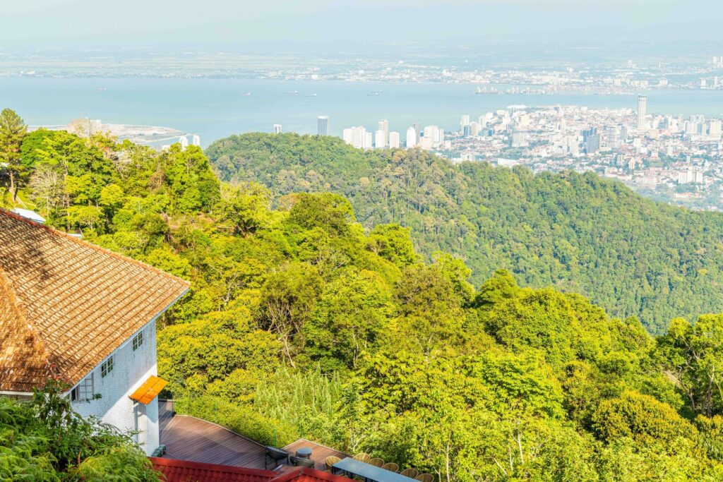 City skyline overlooking sea from tropical hill station, George Town P